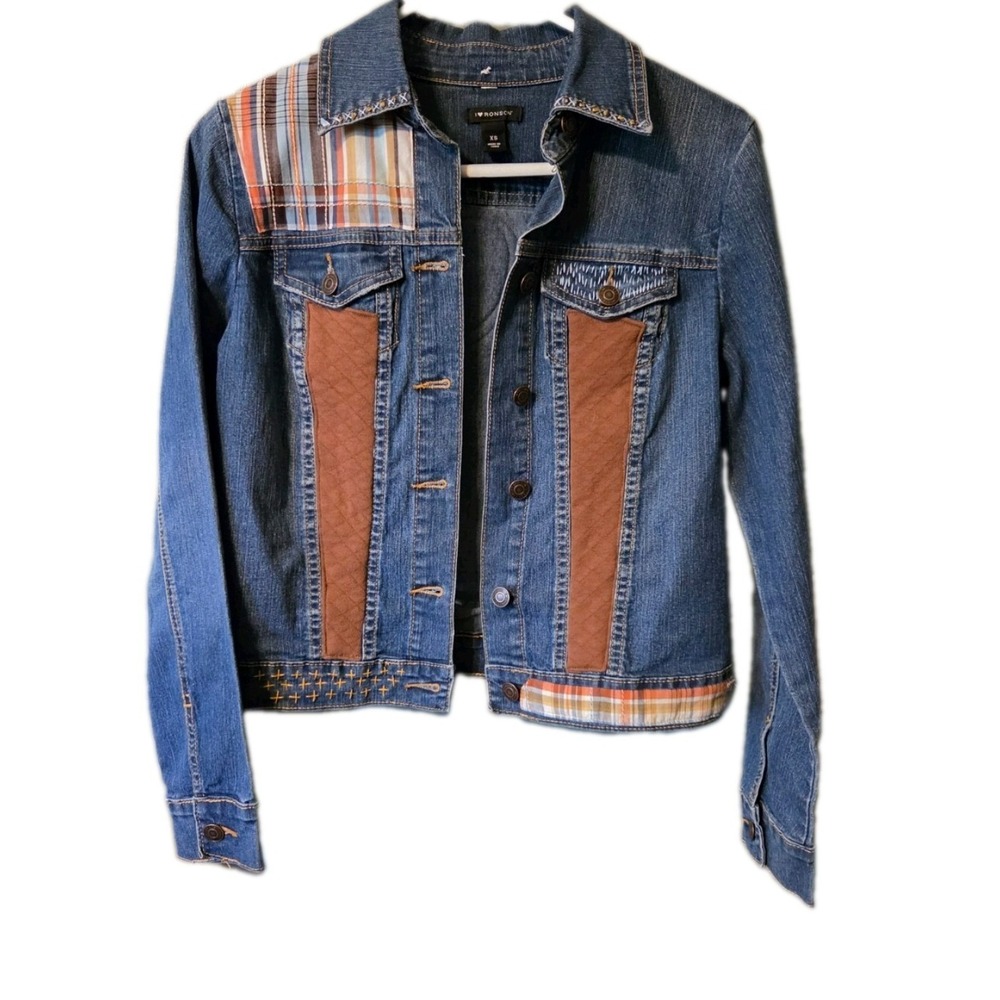 I Heart Ronson Womens Denim Jacket XS Blue Mixed Media Plaid Quilted Heart Boho